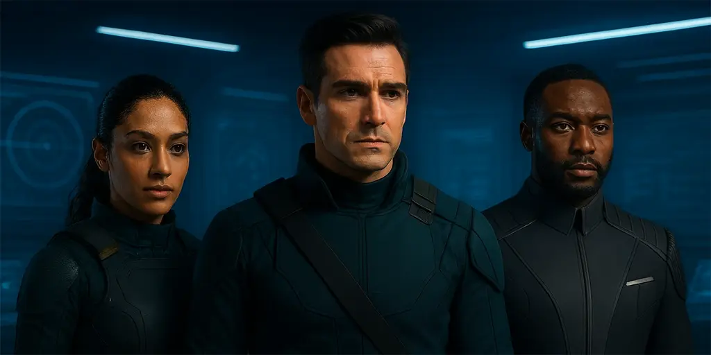 A diverse three-agent sci-fi team in a high-tech command center, featuring a female tactical operative, a covert ops specialist, and a futuristic corporate agent. Ideal visual for Traveller RPG, Cepheus Engine, and 2d6 sci-fi character packs.